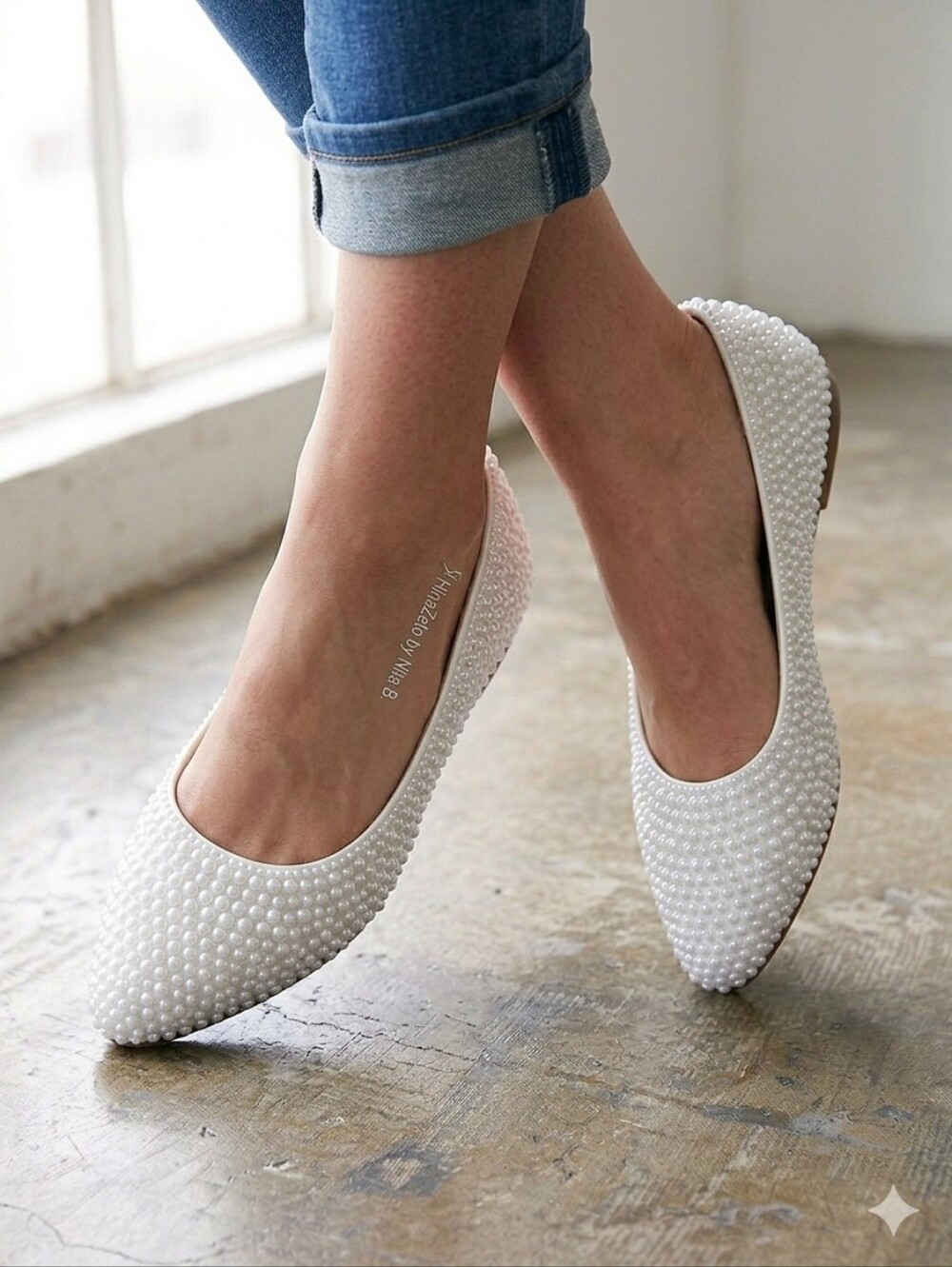Nina Pearl-Embellished White-Cream Tone Flats